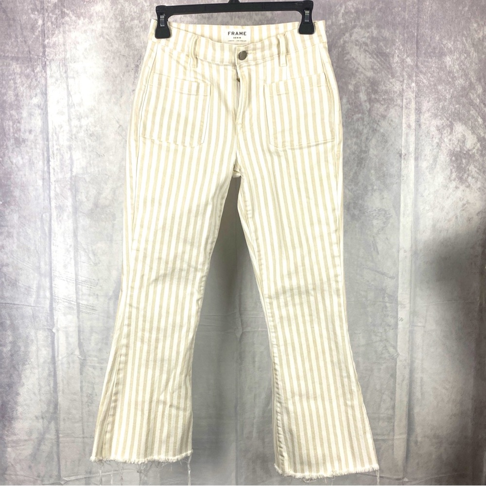 FRAME Le Bardot Striped Kick Flare Jeans Size 26 Courtyard Raw Frayed Hems Crop